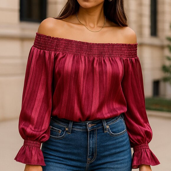 Burgundy Satin Striped Off Shoulder Smocked Top| Boho Romantic Cottagecore Chic - Picture 1 of 4